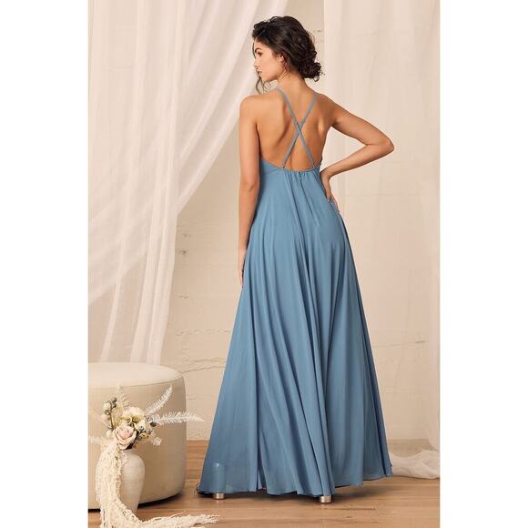 Lulus Mythical Kind of Love Slate Blue Maxi Dress Sz XL Bridesmaid Romantic NWT - Picture 2 of 14